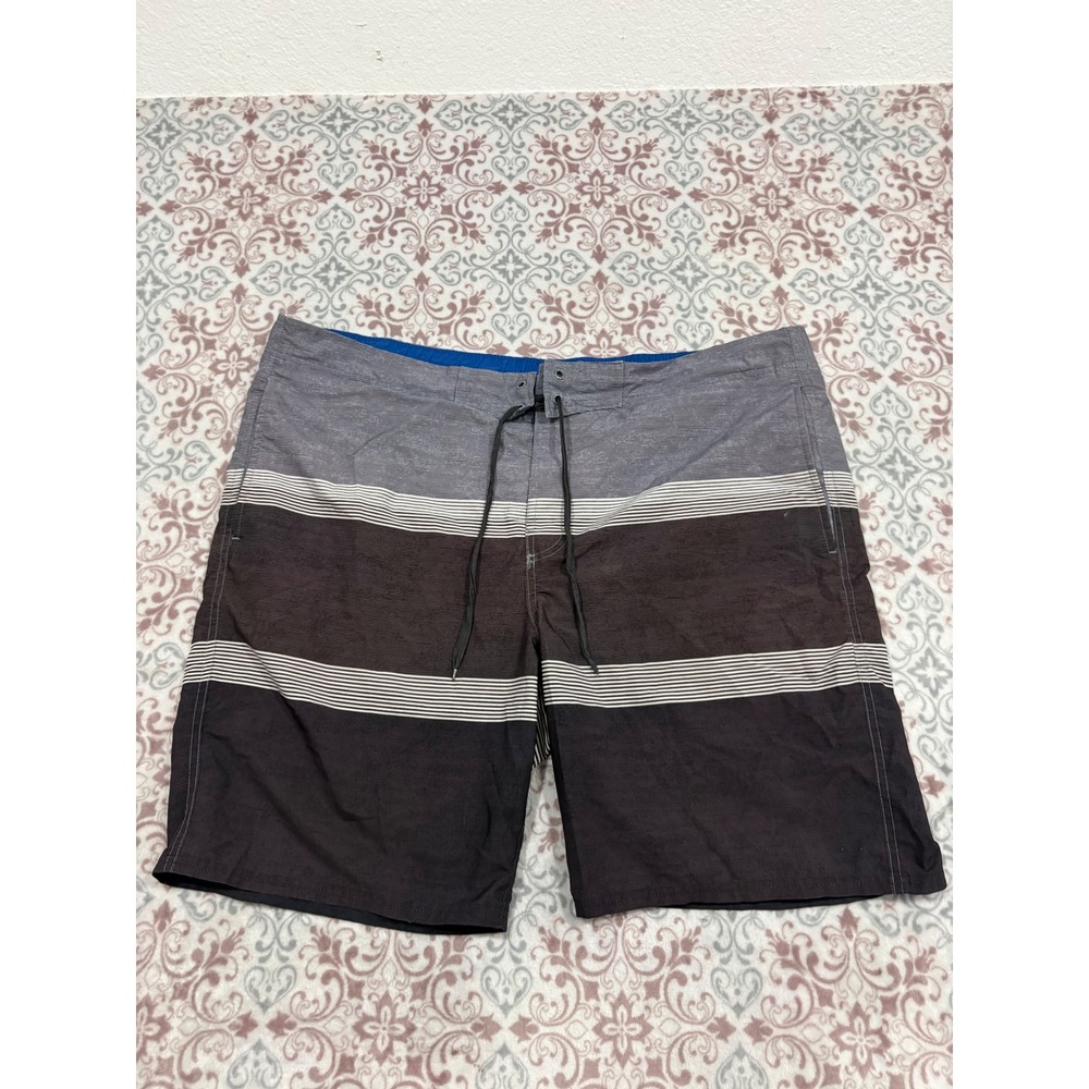 Mens Striped Board Shorts Grey Black Swim Trunks Size 42 Lace Up Pocket